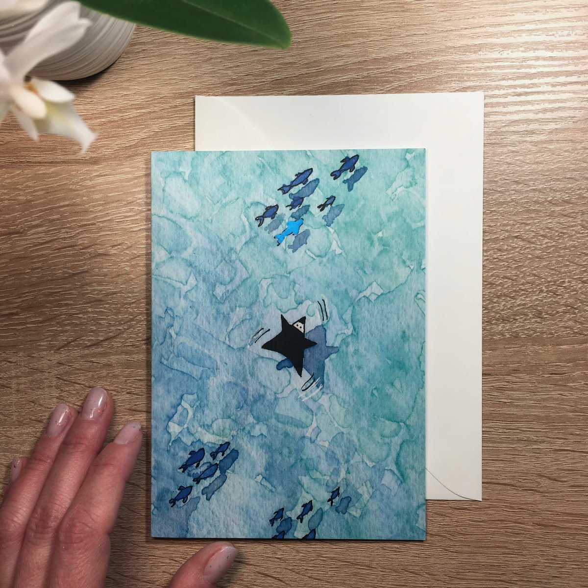 Greeting card representing summer, with ninja bathing in the sea