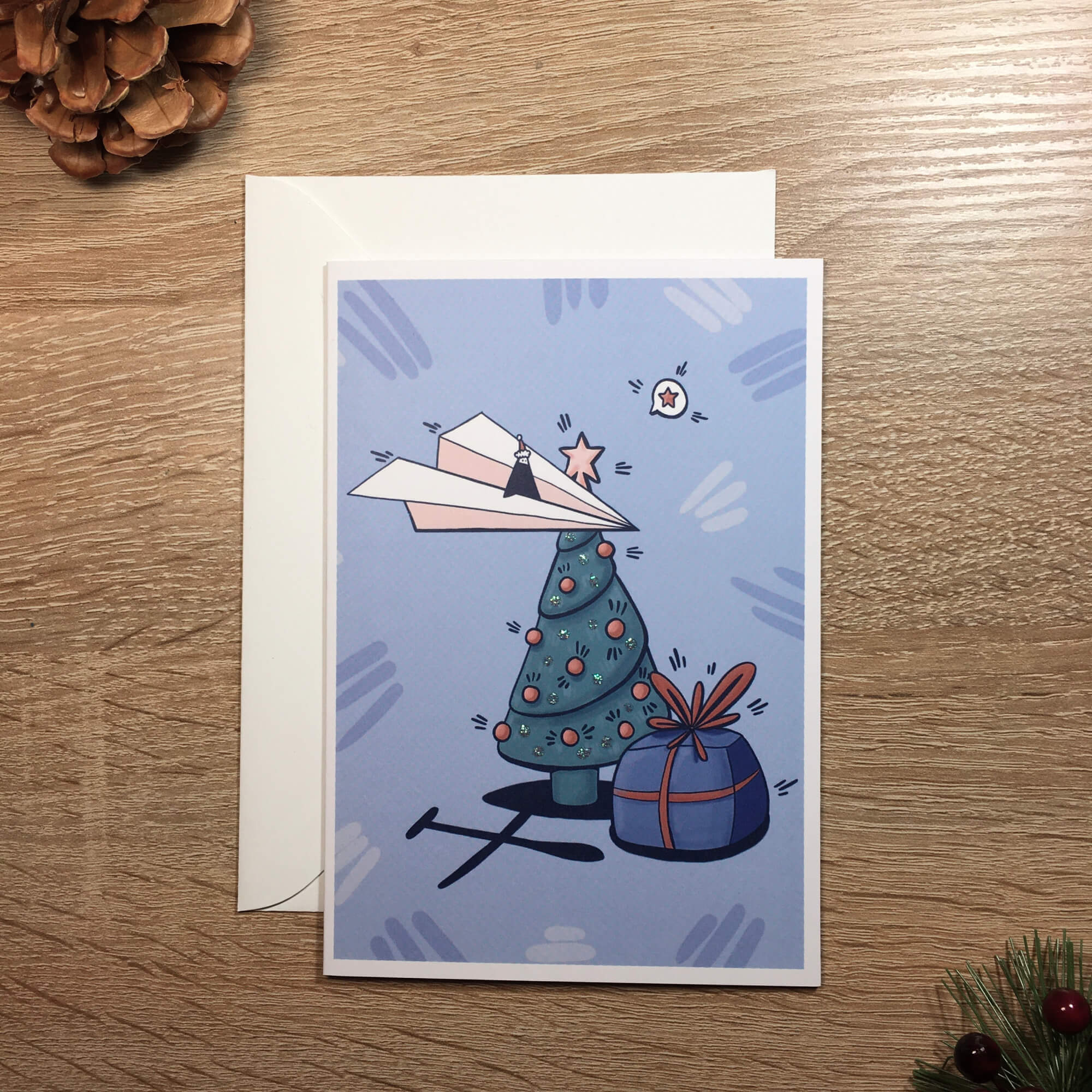 Christmas card with ninja turning in front of the Christmas tree