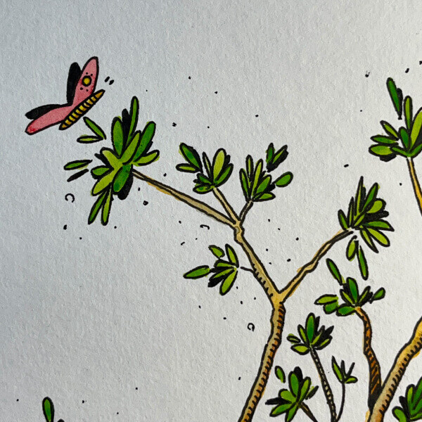 A detail of the illustration: the branches of the tree with a butterfly