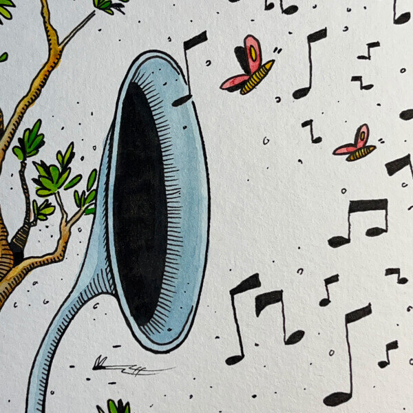 A detail of the illustration: the megaphone with musical notes