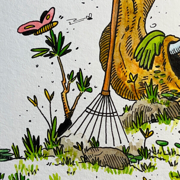A detail of the illustration: a rake and gloves