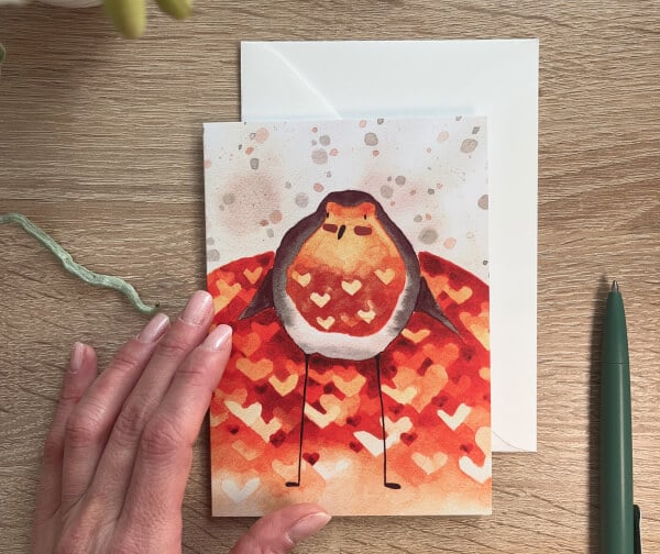 Greeting card with robin and many hearts